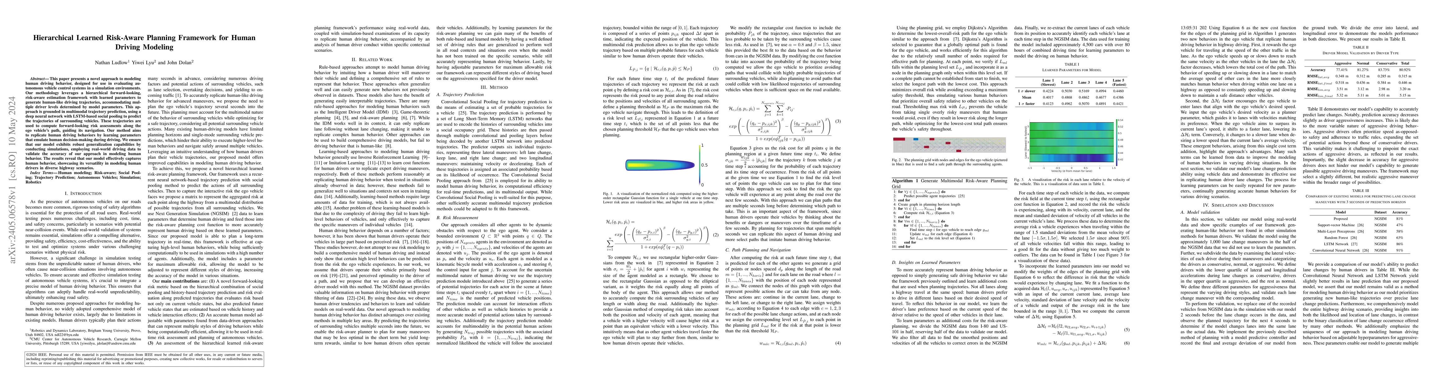 Thumbnail for Hierarchical Learned Risk-Aware Planning Framework for Human Driving
  Modeling