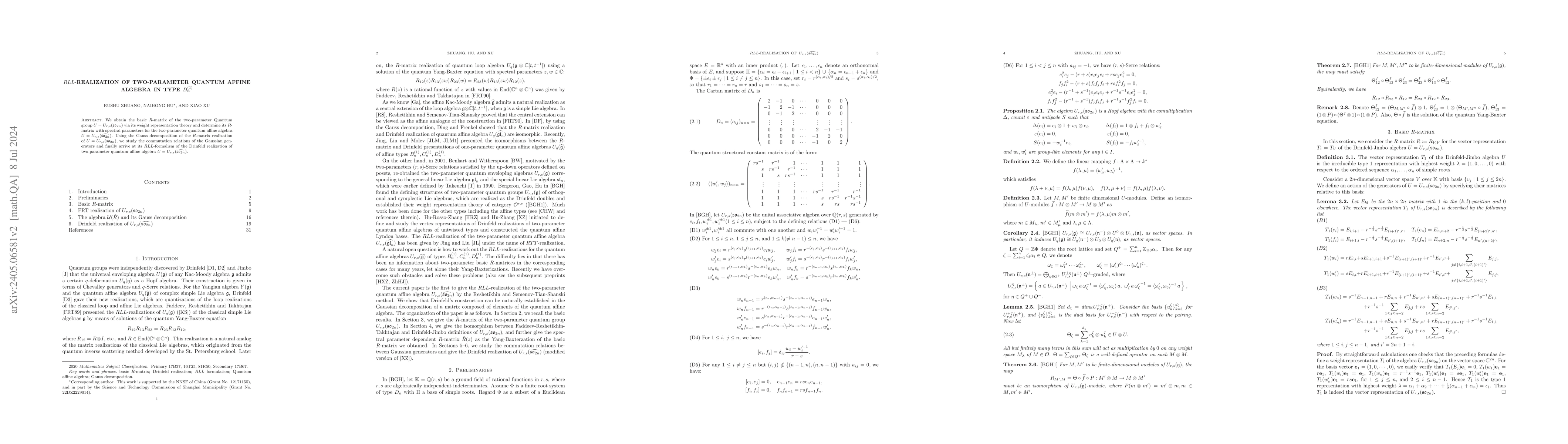 Thumbnail for $RLL$-realization of two-parameter quantum affine algebra in type
  $D_n^{(1)}$