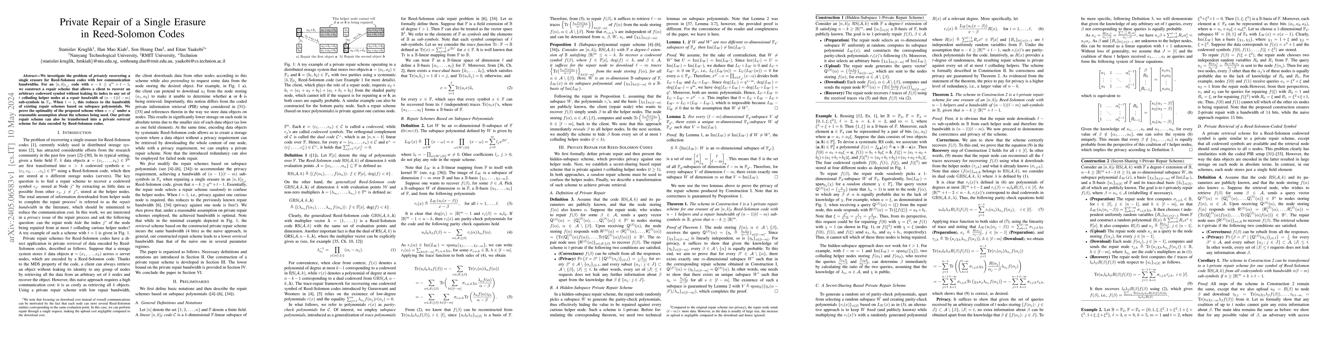 Thumbnail for Private Repair of a Single Erasure in Reed-Solomon Codes