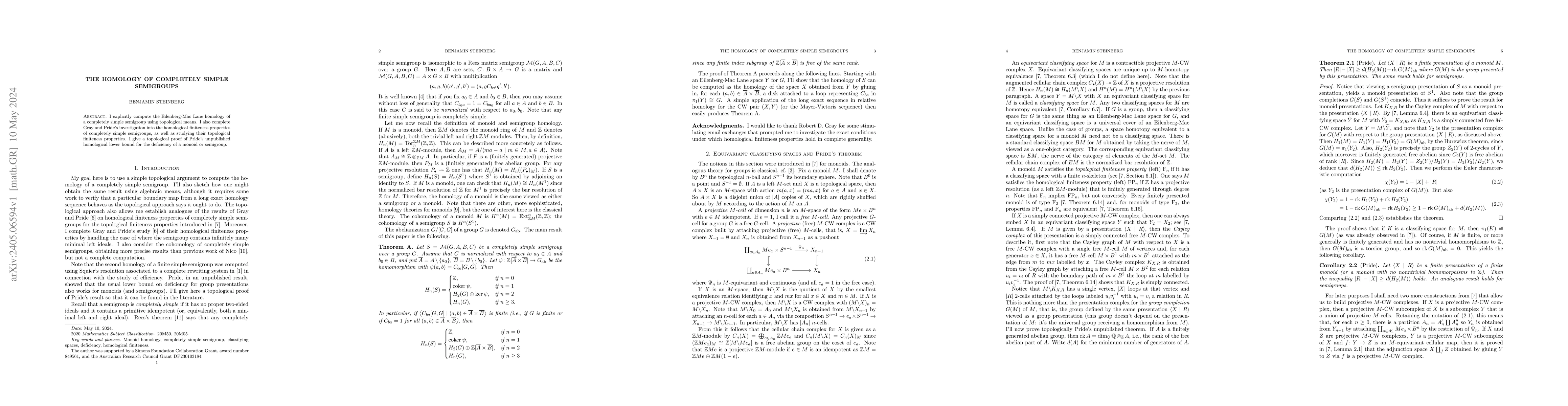 Thumbnail for The homology of completely simple semigroups