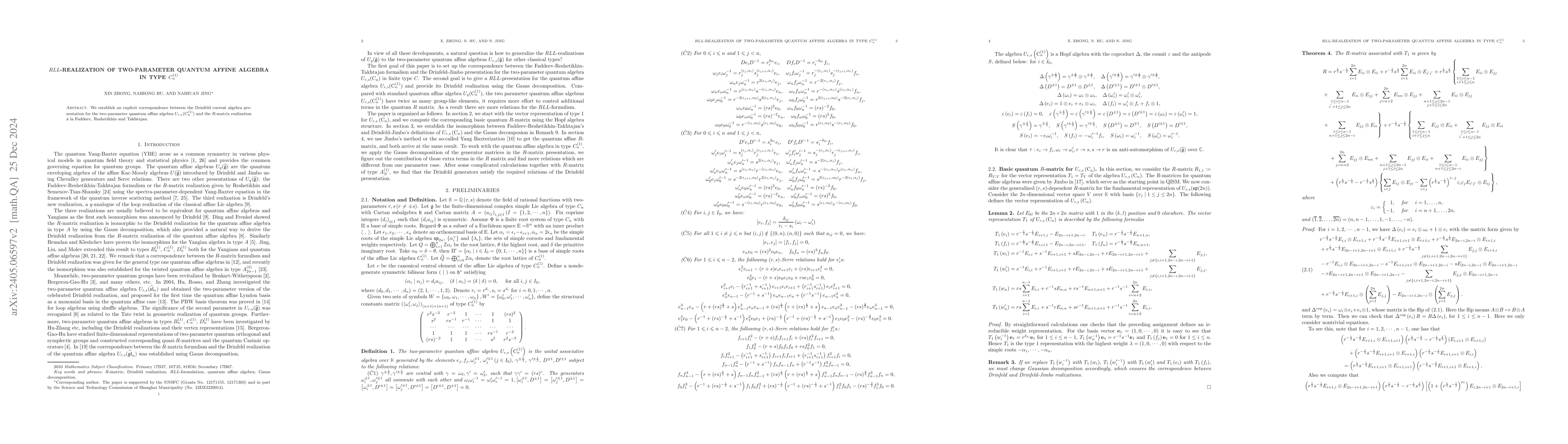 Thumbnail for $RLL$-realization of two-parameter quantum affine algebra in type
  $C_n^{(1)}$