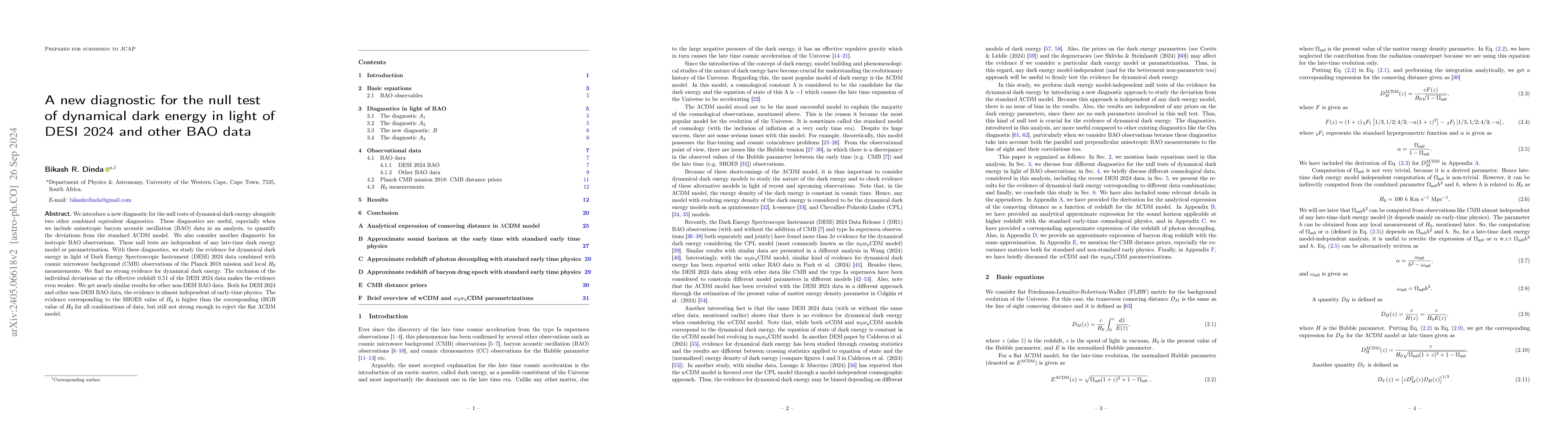 Thumbnail for A new diagnostic for the null test of dynamical dark energy in light of
  DESI 2024 and other BAO data