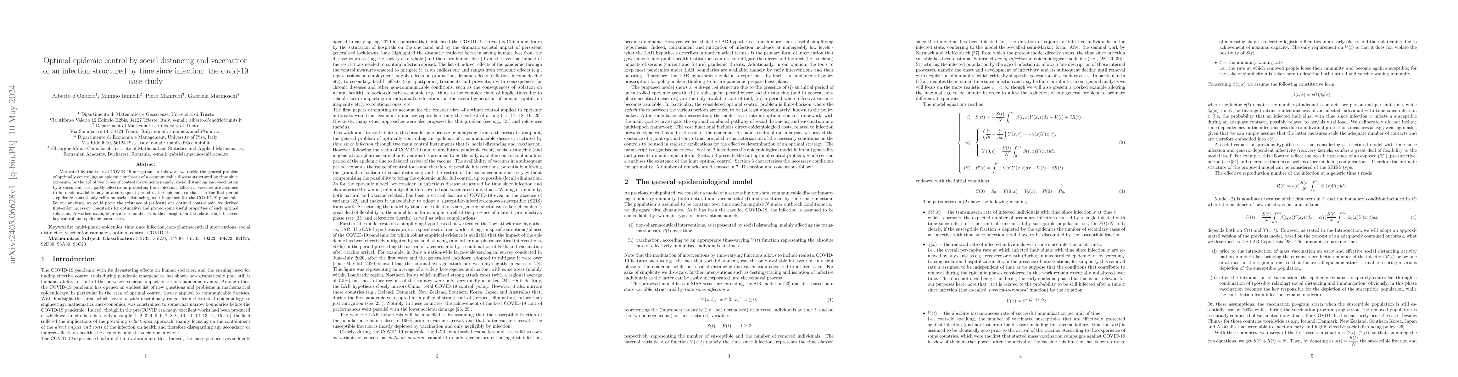 Thumbnail for Optimal epidemic control by social distancing and vaccination of an
  infection structured by time since infection: the covid-19 case study