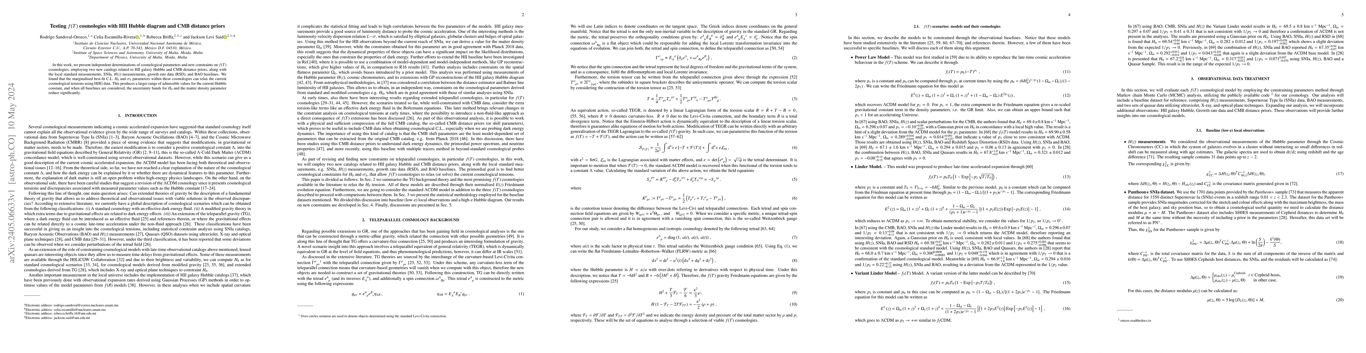 Thumbnail for Testing $f(T)$ cosmologies with HII Hubble diagram and CMB distance
  priors