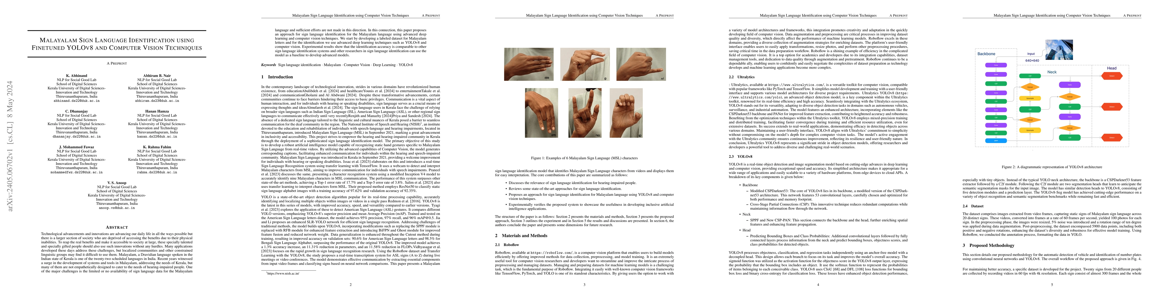 Thumbnail for Malayalam Sign Language Identification using Finetuned YOLOv8 and
  Computer Vision Techniques