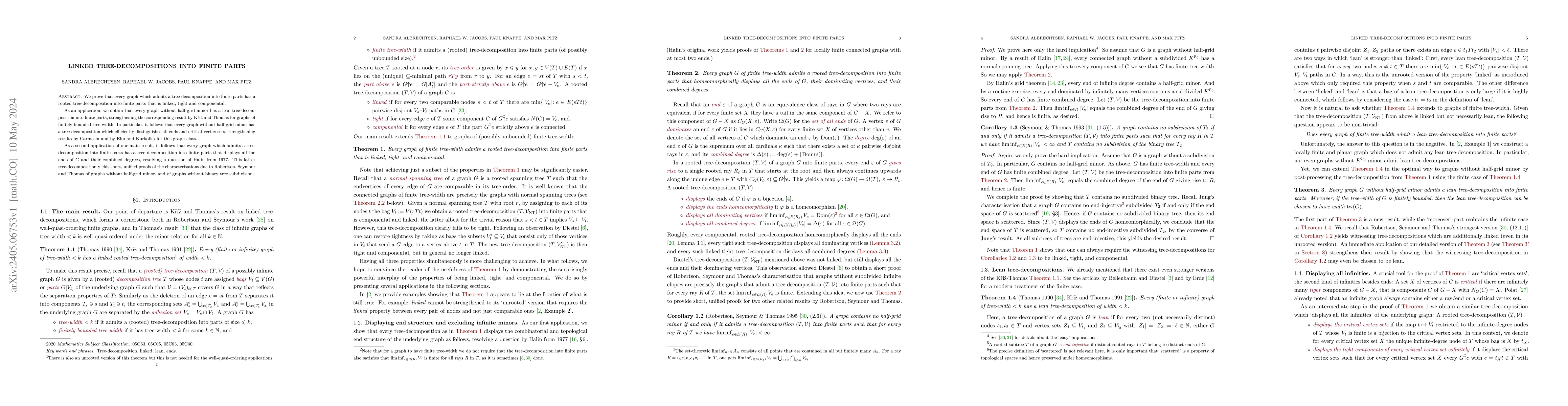 Thumbnail for Linked tree-decompositions into finite parts