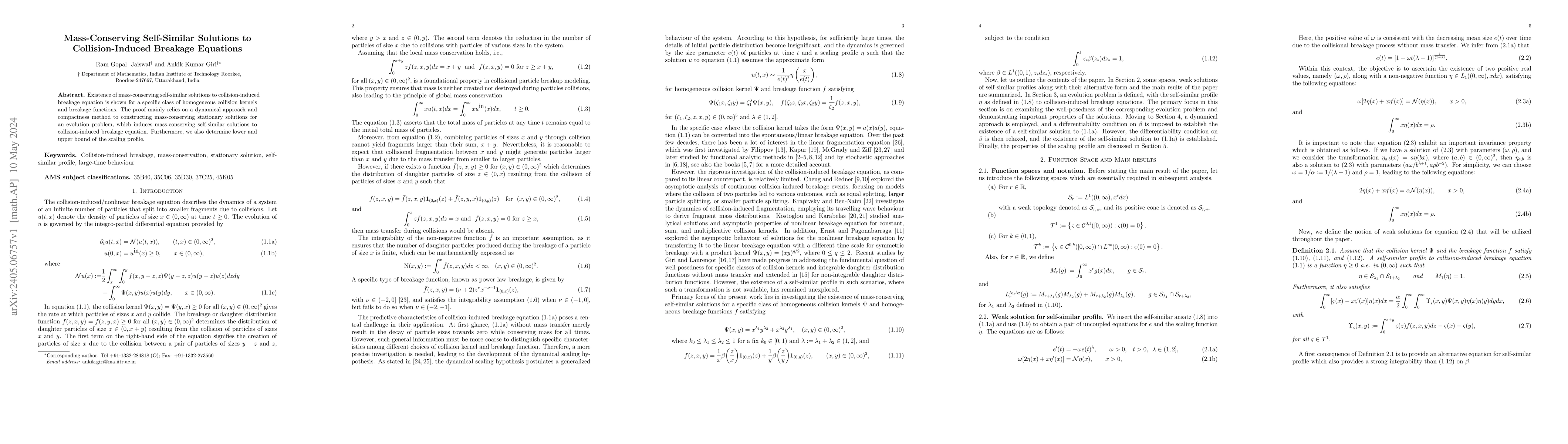 Thumbnail for Mass-Conserving Self-Similar Solutions to Collision-Induced Breakage
  Equations
