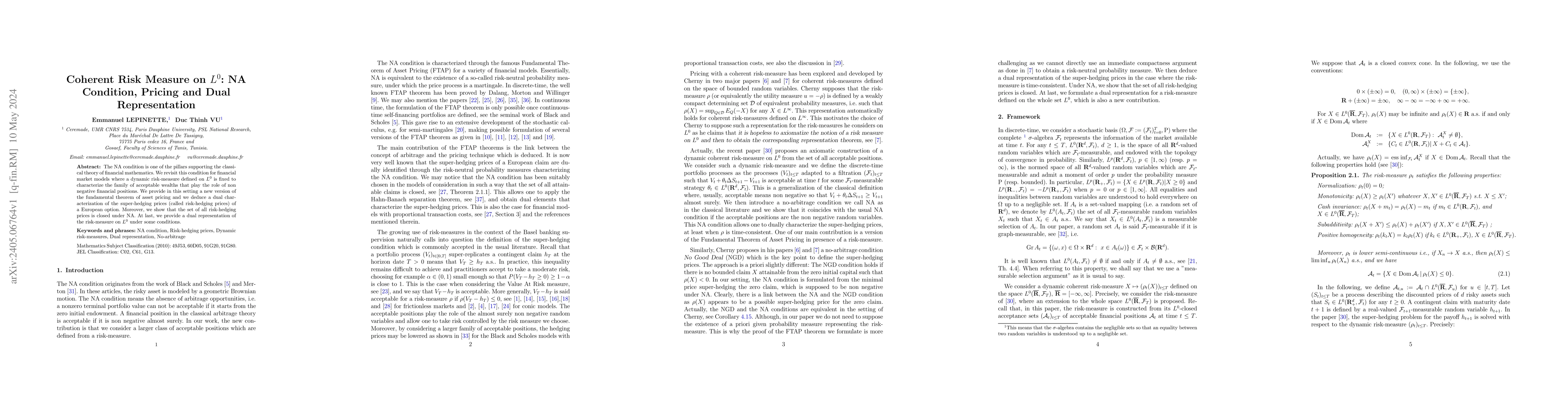 Thumbnail for Coherent Risk Measure on $L^0$: NA Condition, Pricing and Dual
  Representation
