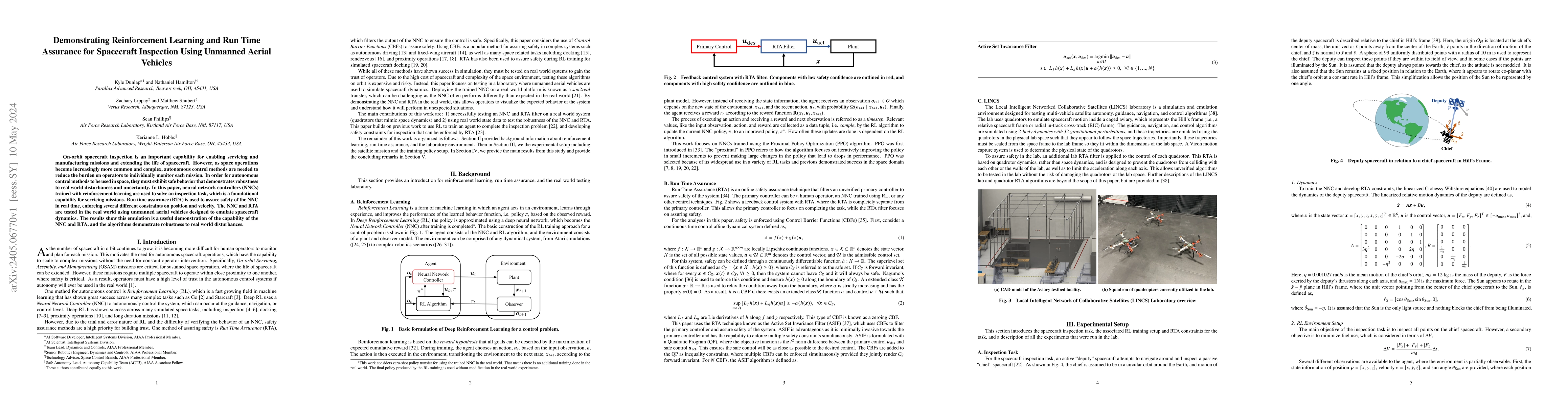 Thumbnail for Demonstrating Reinforcement Learning and Run Time Assurance for
  Spacecraft Inspection Using Unmanned Aerial Vehicles