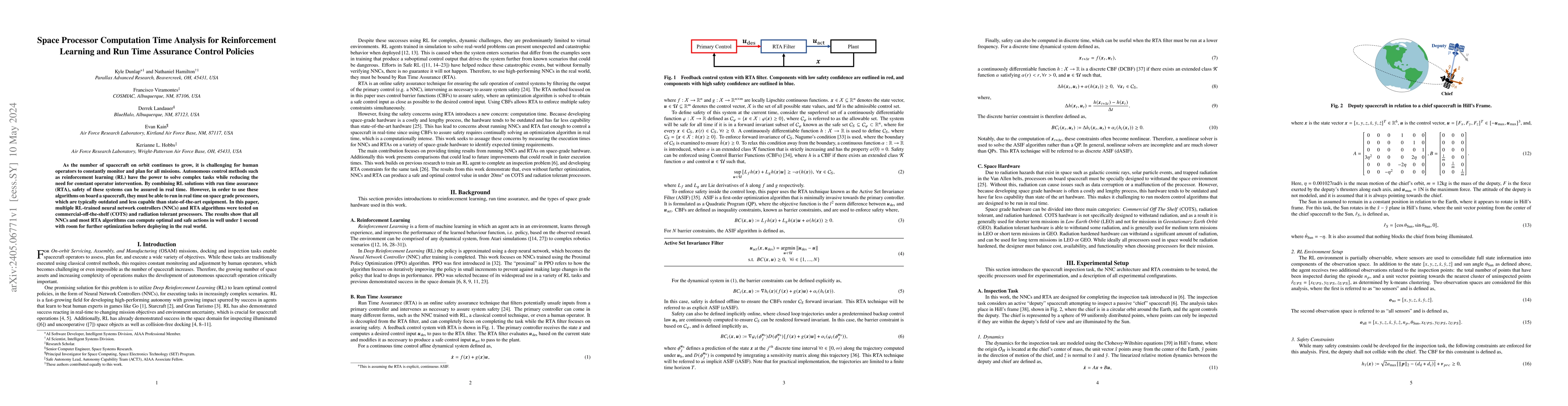 Thumbnail for Space Processor Computation Time Analysis for Reinforcement Learning and
  Run Time Assurance Control Policies