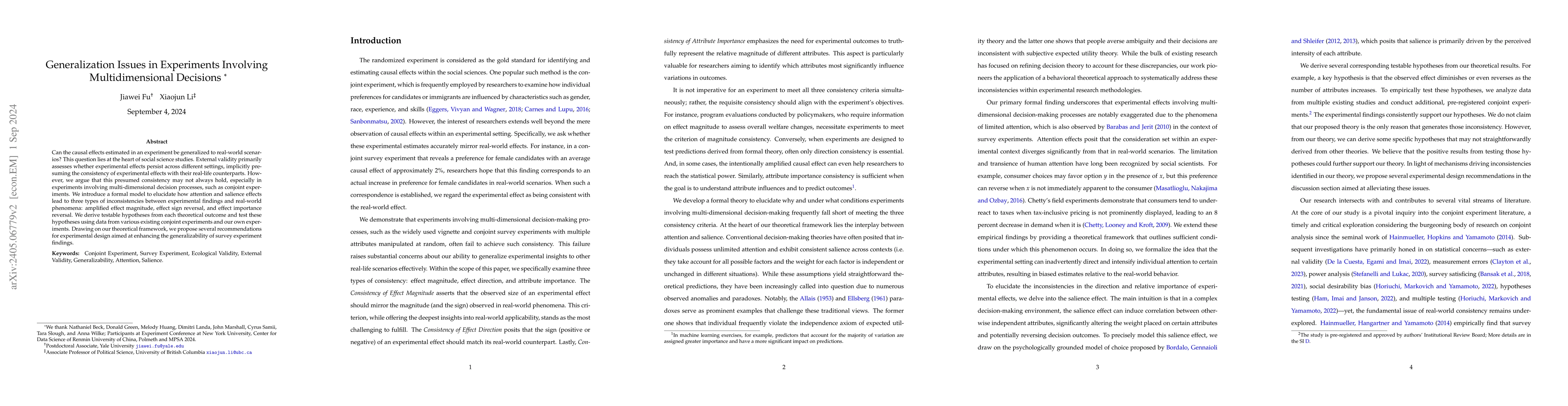 Thumbnail for Generalization Problems in Experiments Involving Multidimensional
  Decisions