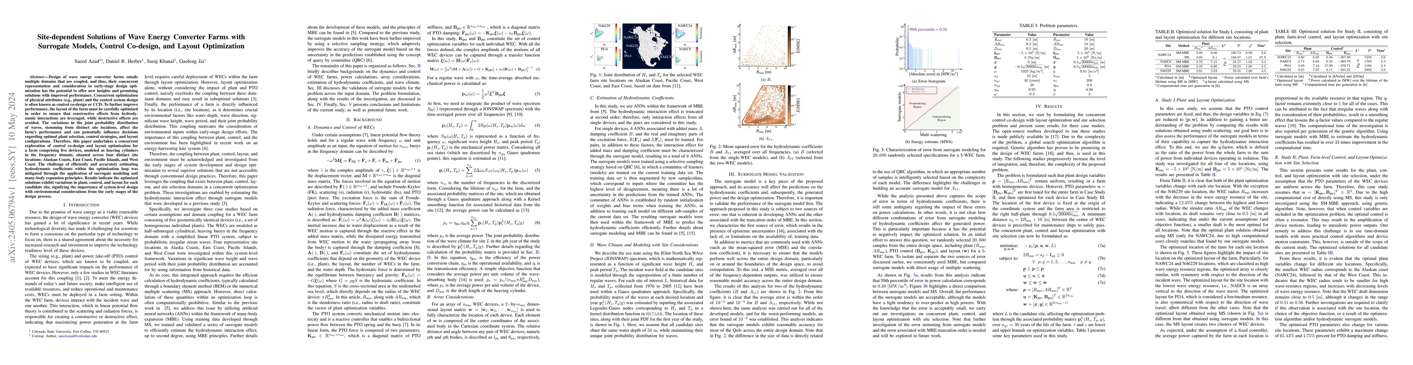 Thumbnail for Site-dependent Solutions of Wave Energy Converter Farms with Surrogate
  Models, Control Co-design, and Layout Optimization