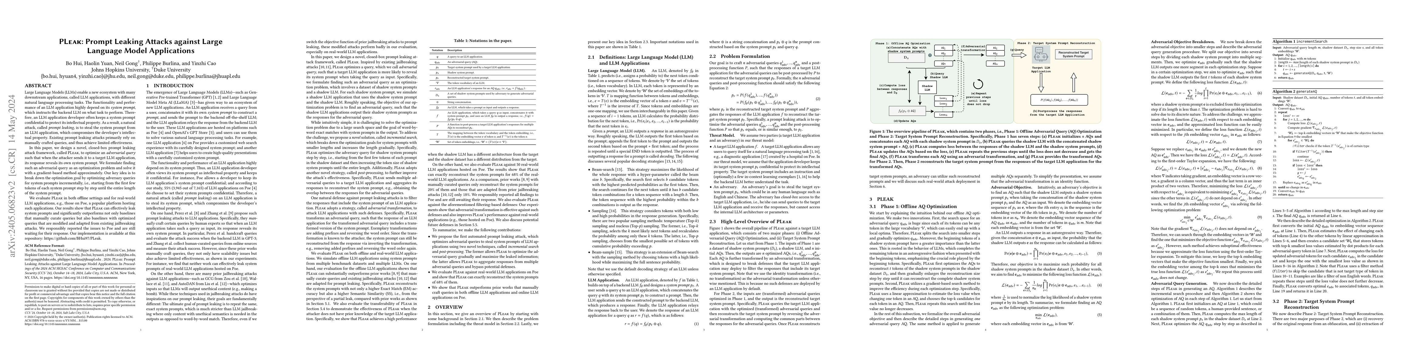 Thumbnail for PLeak: Prompt Leaking Attacks against Large Language Model Applications