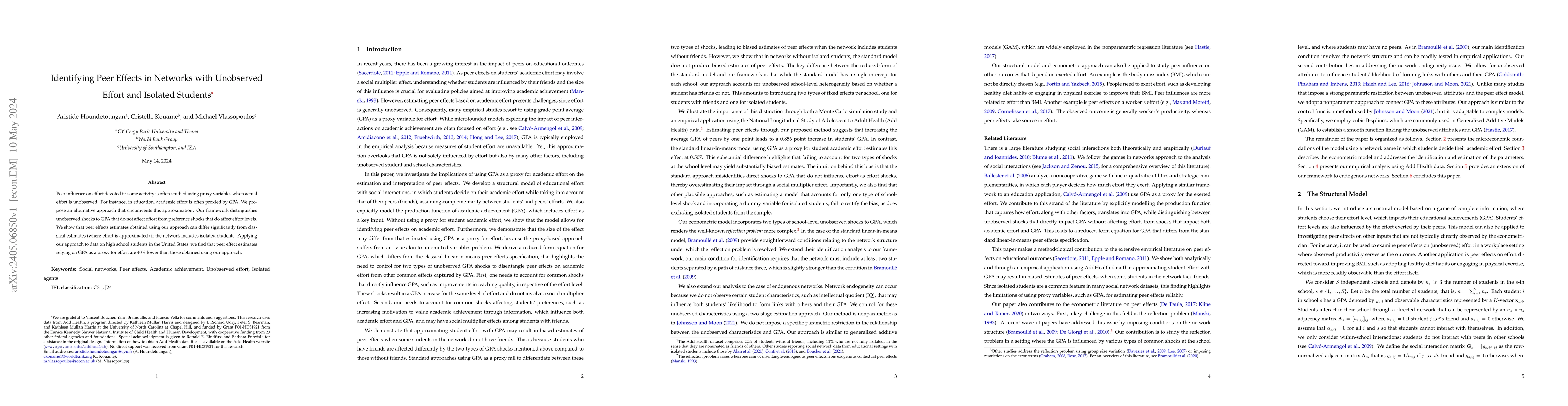 Thumbnail for Identifying Peer Effects in Networks with Unobserved Effort and Isolated
  Students