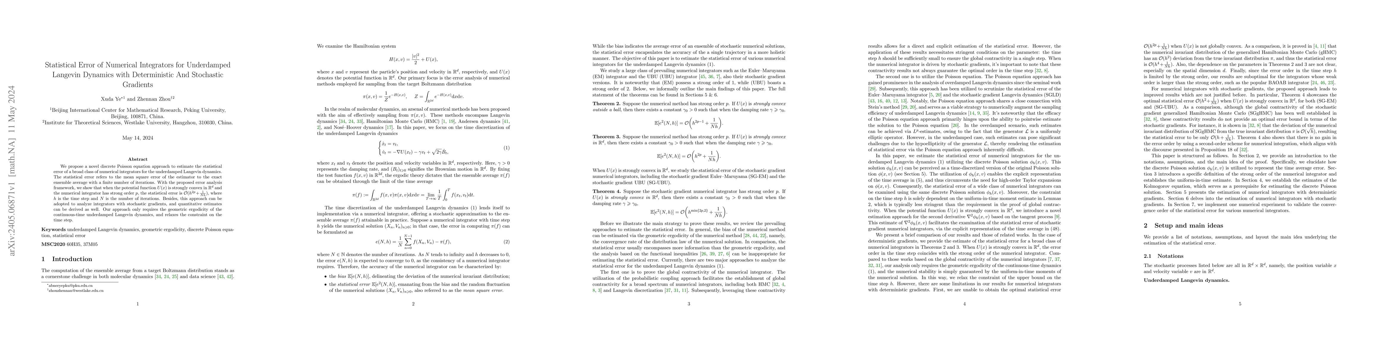 Thumbnail for Statistical Error of Numerical Integrators for Underdamped Langevin
  Dynamics with Deterministic And Stochastic Gradients