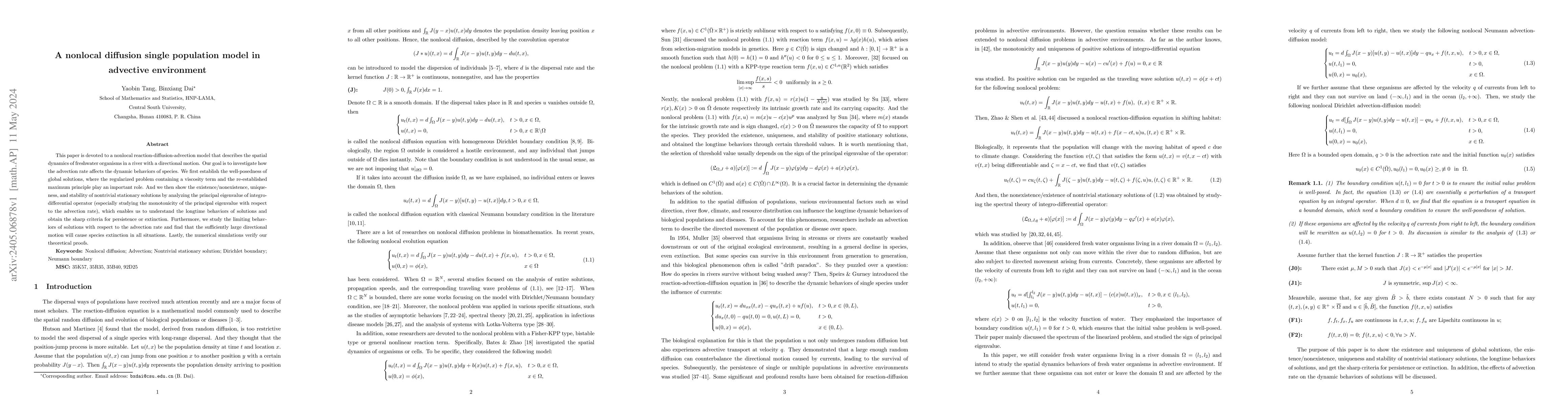 Thumbnail for A nonlocal diffusion single population model in advective environment