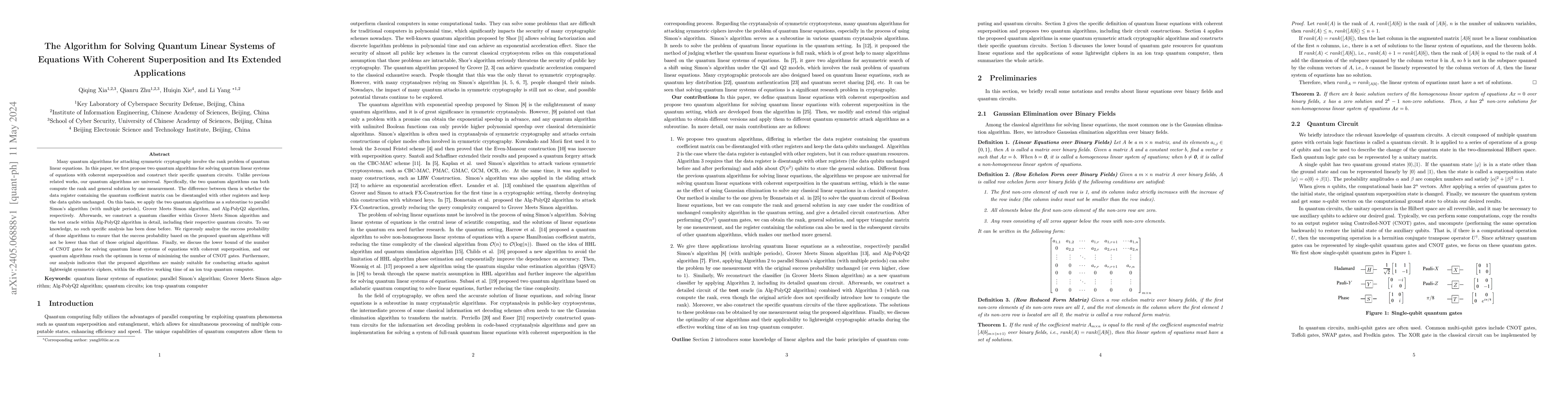 Thumbnail for The Algorithm for Solving Quantum Linear Systems of Equations With
  Coherent Superposition and Its Extended Applications