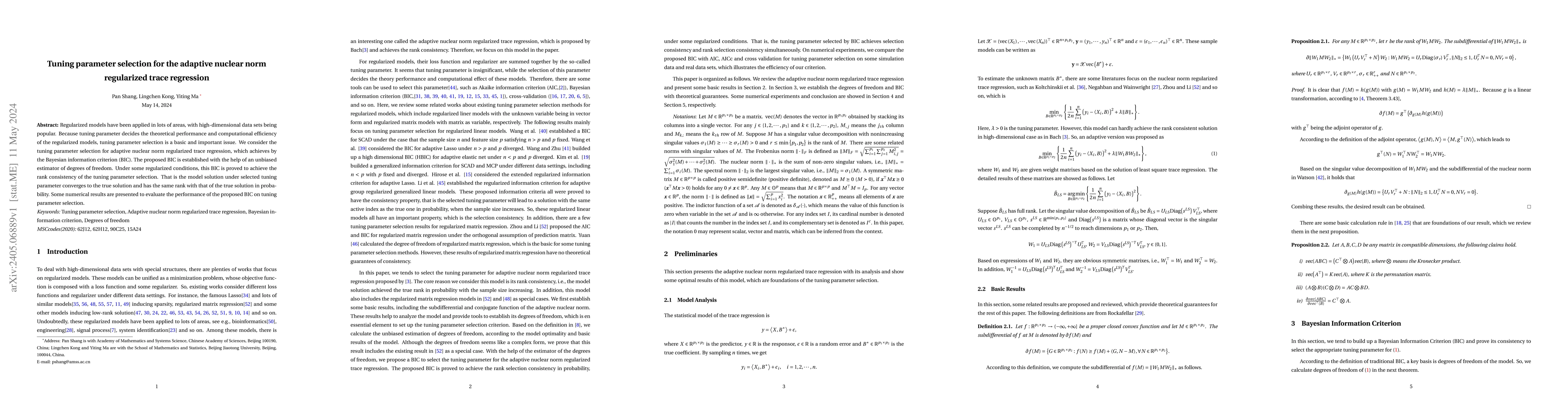 Thumbnail for Tuning parameter selection for the adaptive nuclear norm regularized
  trace regression