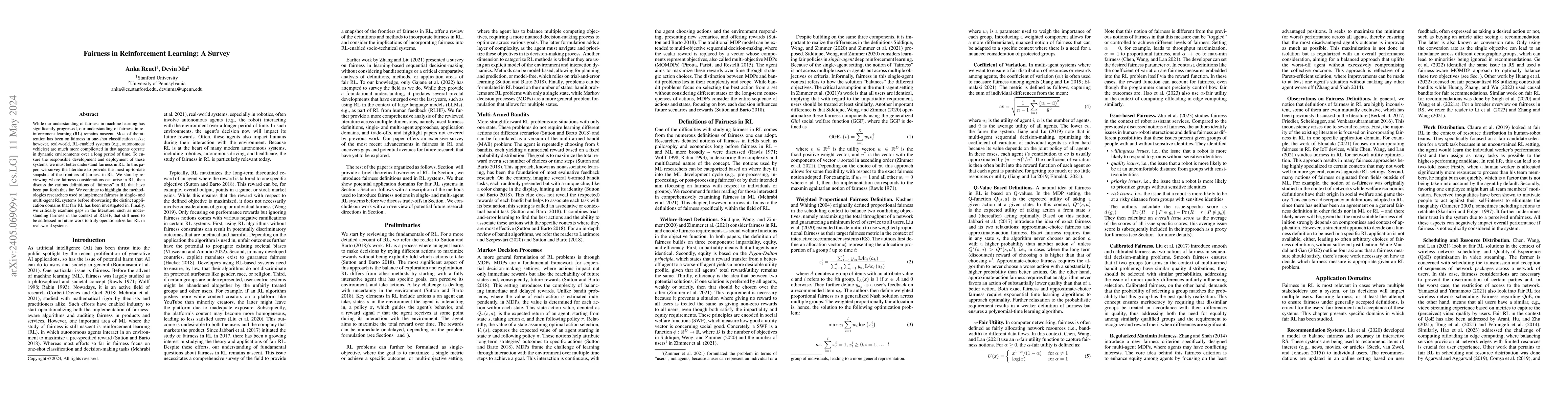Thumbnail for Fairness in Reinforcement Learning: A Survey
