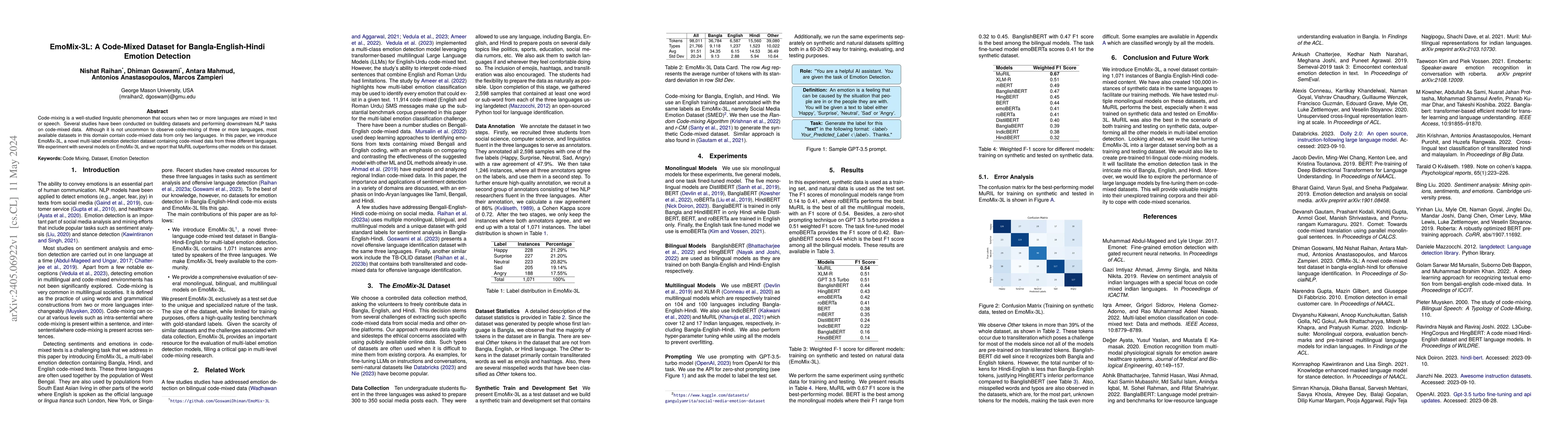 Thumbnail for EmoMix-3L: A Code-Mixed Dataset for Bangla-English-Hindi Emotion
  Detection