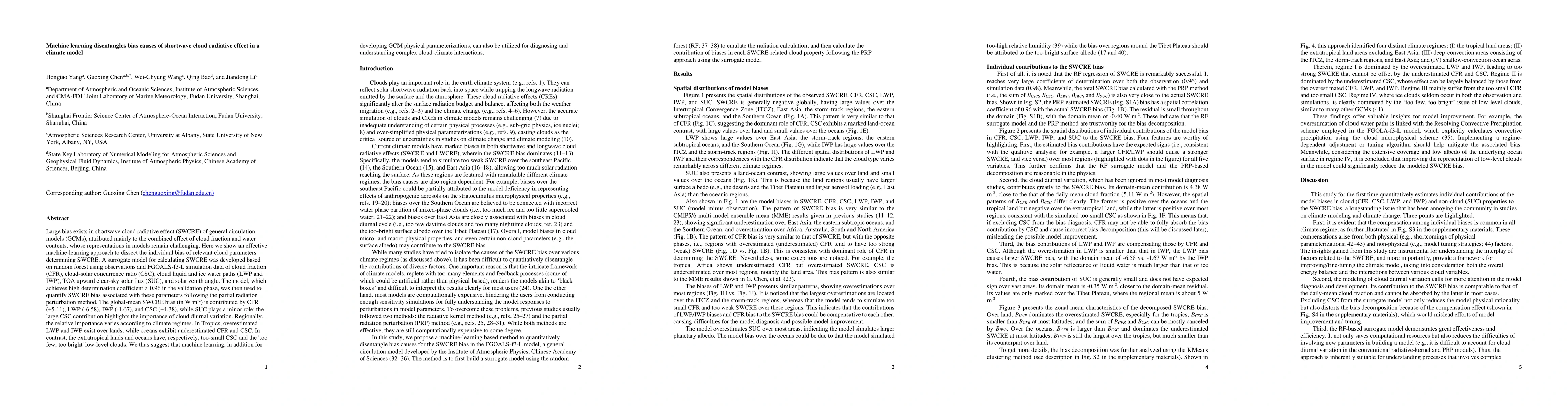 Thumbnail for Machine learning disentangles bias causes of shortwave cloud radiative
  effect in a climate model