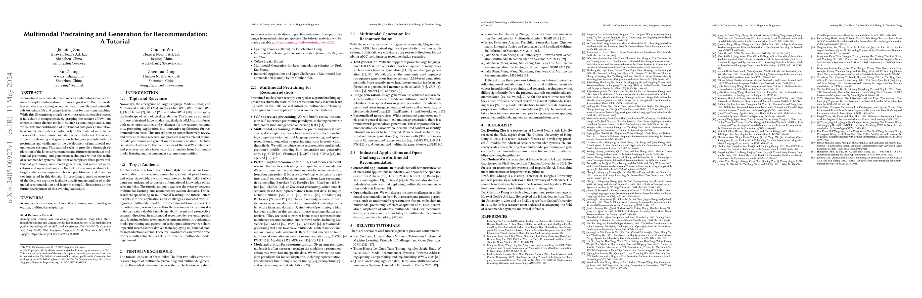 Thumbnail for Multimodal Pretraining and Generation for Recommendation: A Tutorial