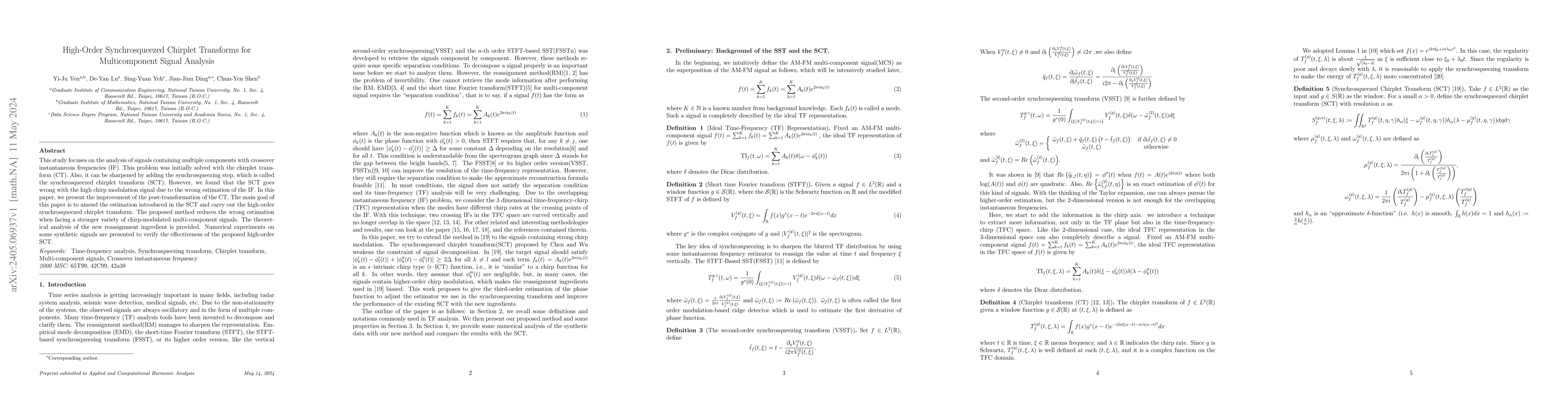 Thumbnail for High-Order Synchrosqueezed Chirplet Transforms for Multicomponent Signal
  Analysis