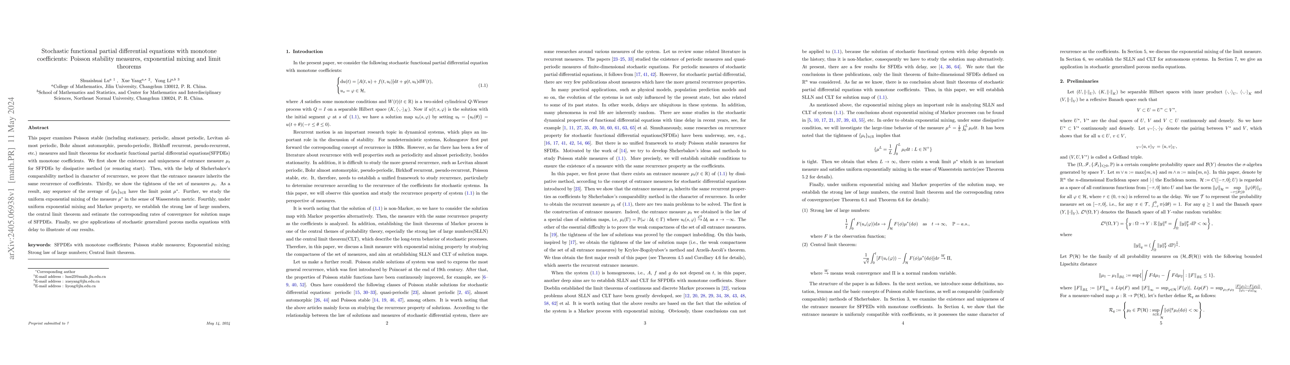 Thumbnail for Stochastic functional partial differential equations with monotone
  coefficients: Poisson stability measures, exponential mixing and limit
  theorems