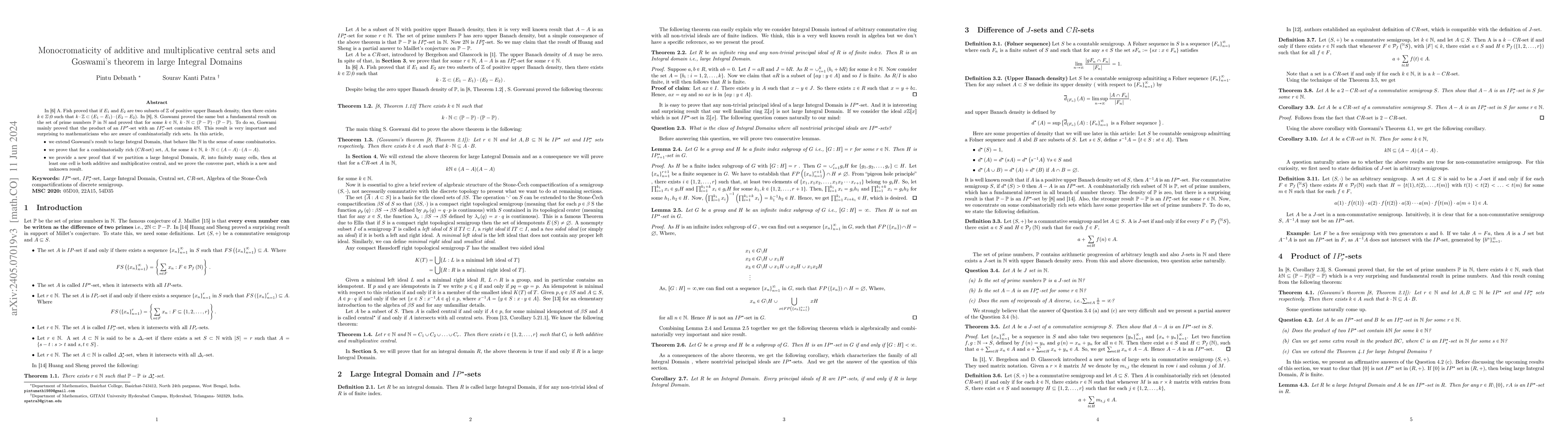 Thumbnail for Monocromaticity of additive and multiplicative central sets and
  Goswami's theorem in large Integral Domains