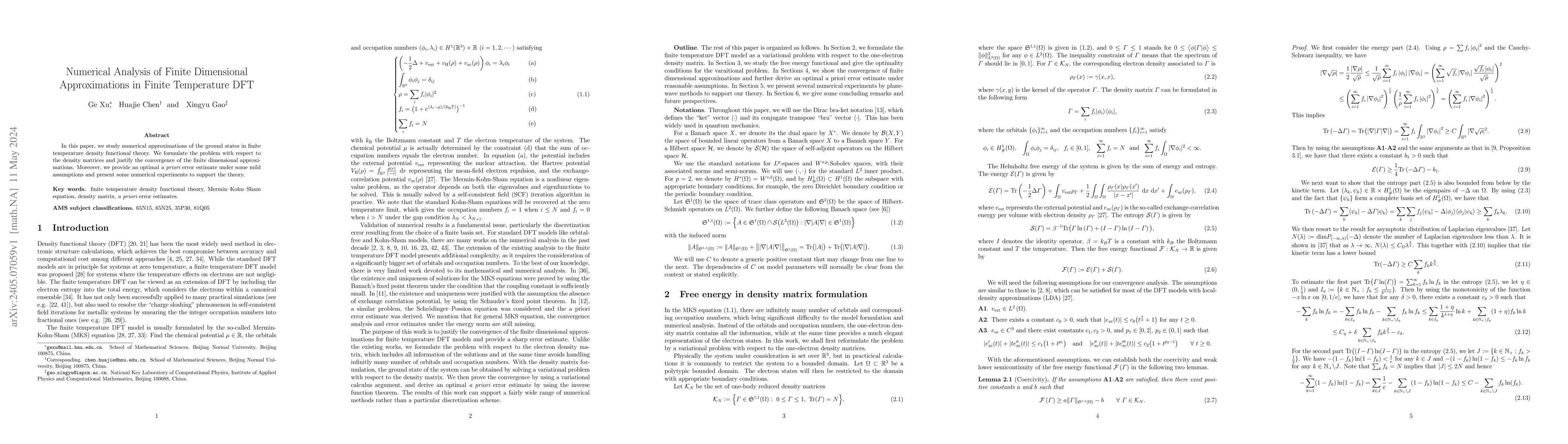 Thumbnail for Numerical Analysis of Finite Dimensional Approximations in Finite
  Temperature DFT