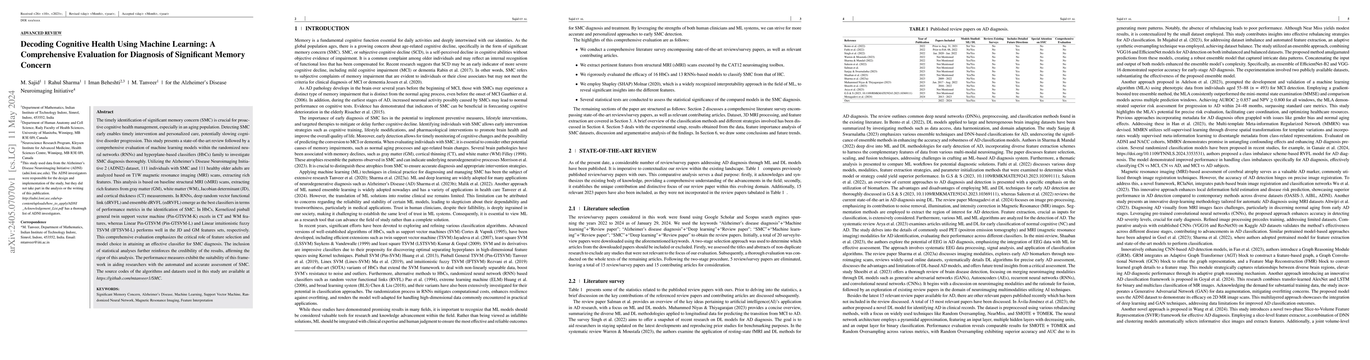 Thumbnail for Decoding Cognitive Health Using Machine Learning: A Comprehensive
  Evaluation for Diagnosis of Significant Memory Concern