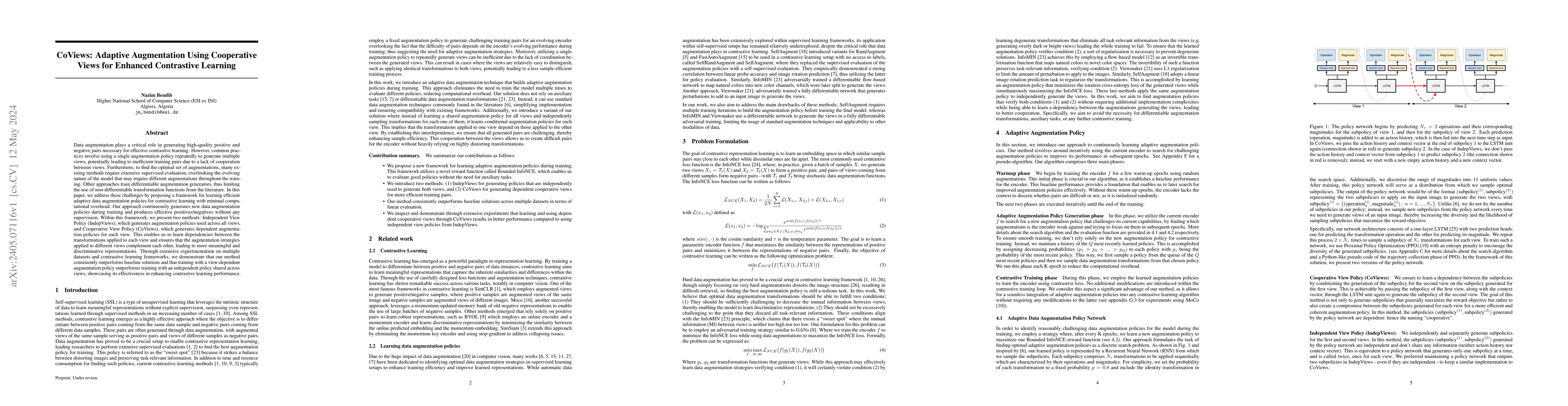 Thumbnail for CoViews: Adaptive Augmentation Using Cooperative Views for Enhanced
  Contrastive Learning