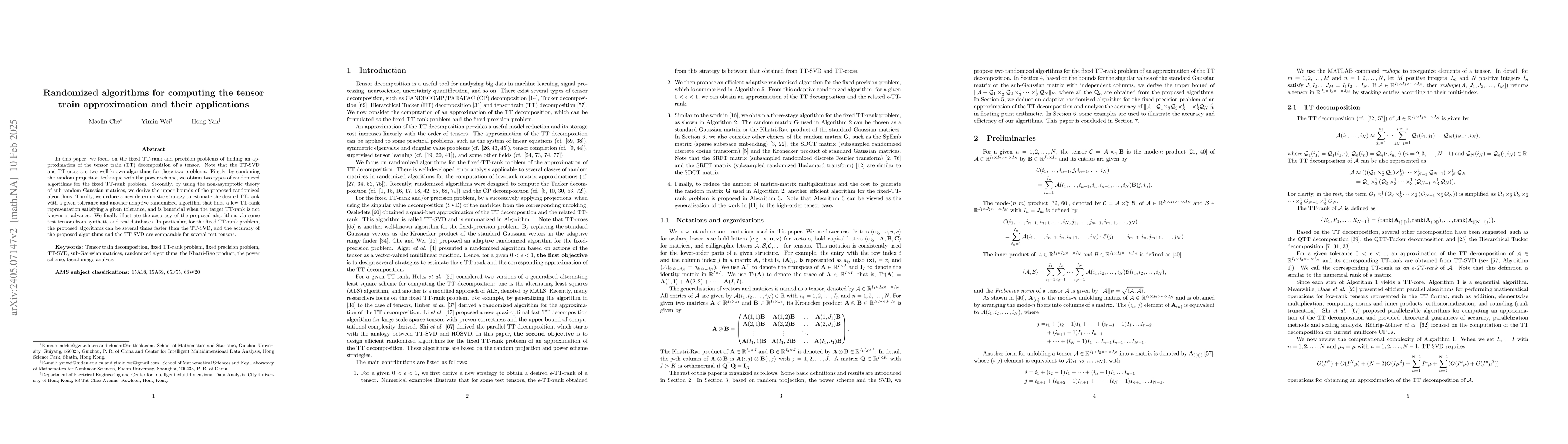 Thumbnail for Randomized algorithms for computing the tensor train approximation and
  their applications