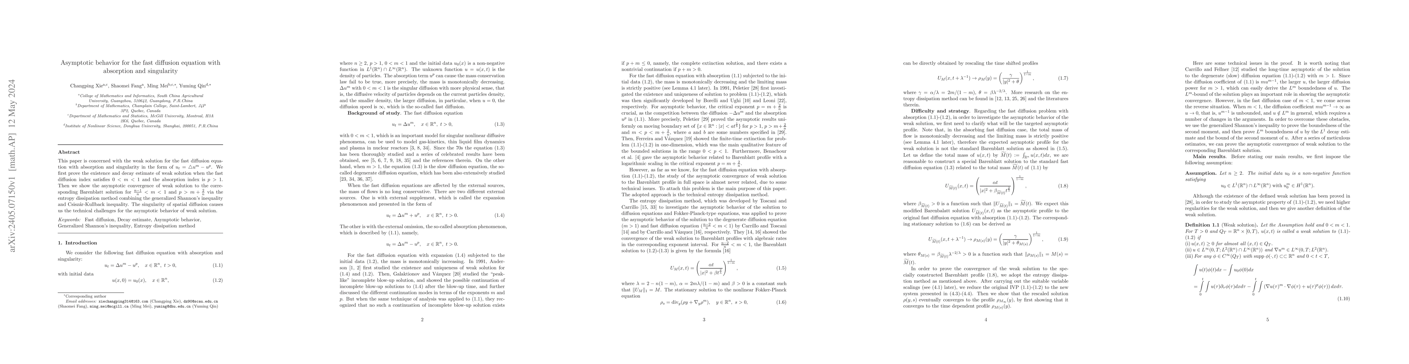 Thumbnail for Asymptotic behavior for the fast diffusion equation with absorption and
  singularity
