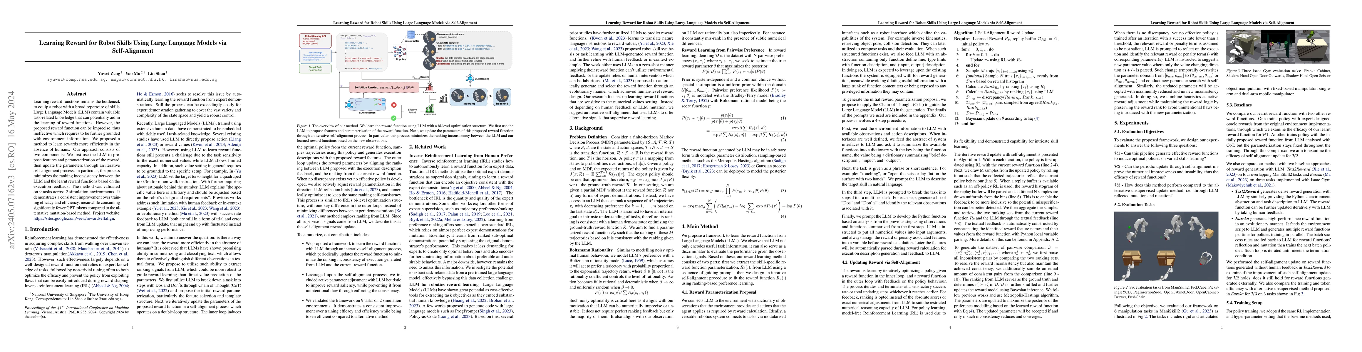 Thumbnail for Learning Reward for Robot Skills Using Large Language Models via
  Self-Alignment