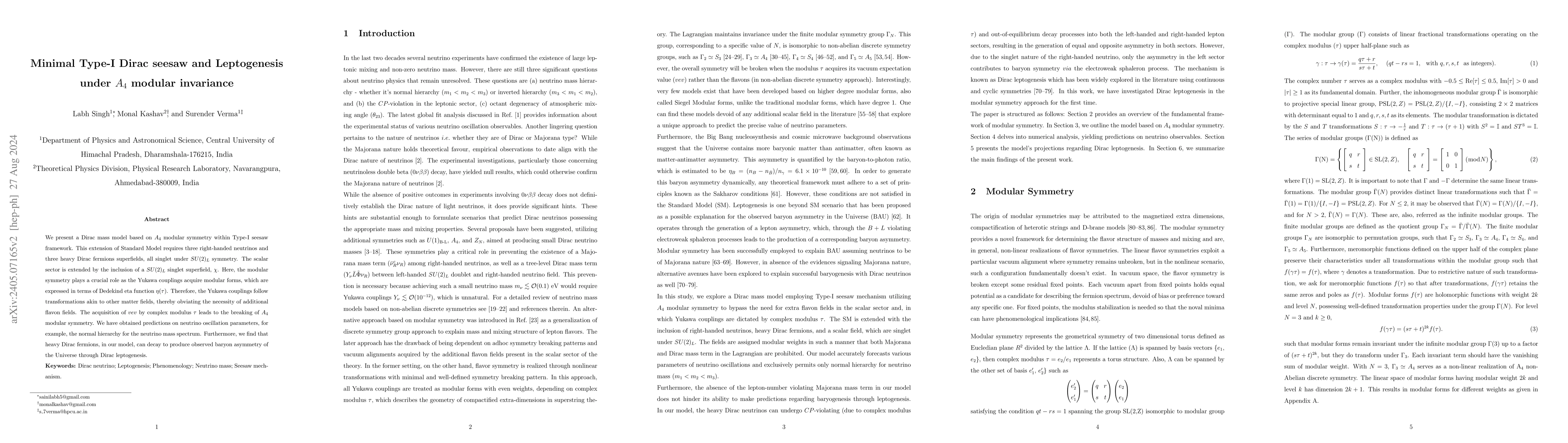 Thumbnail for Minimal Type-I Dirac seesaw and Leptogenesis under $A_{4}$ modular
  invariance