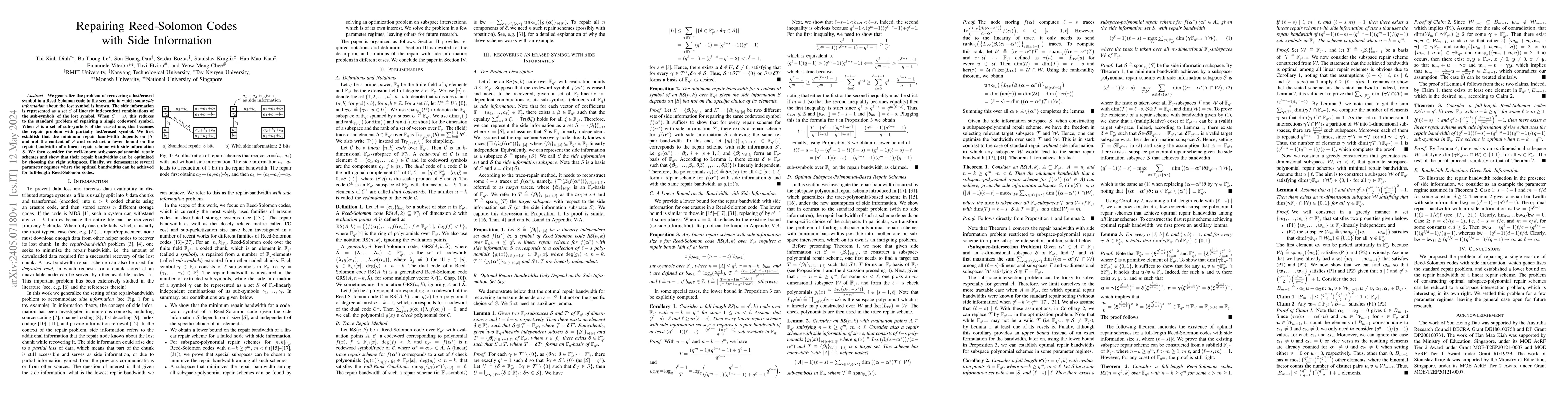 Thumbnail for Repairing Reed-Solomon Codes with Side Information