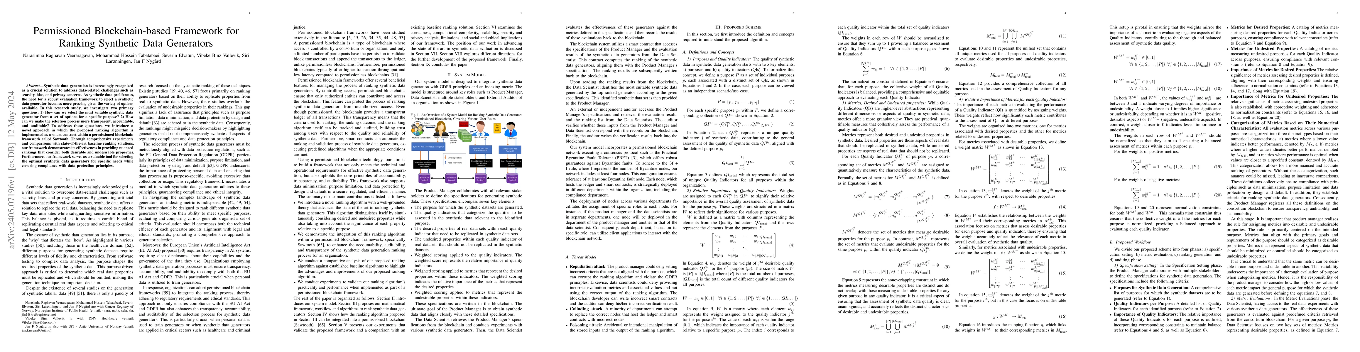 Thumbnail for Permissioned Blockchain-based Framework for Ranking Synthetic Data
  Generators