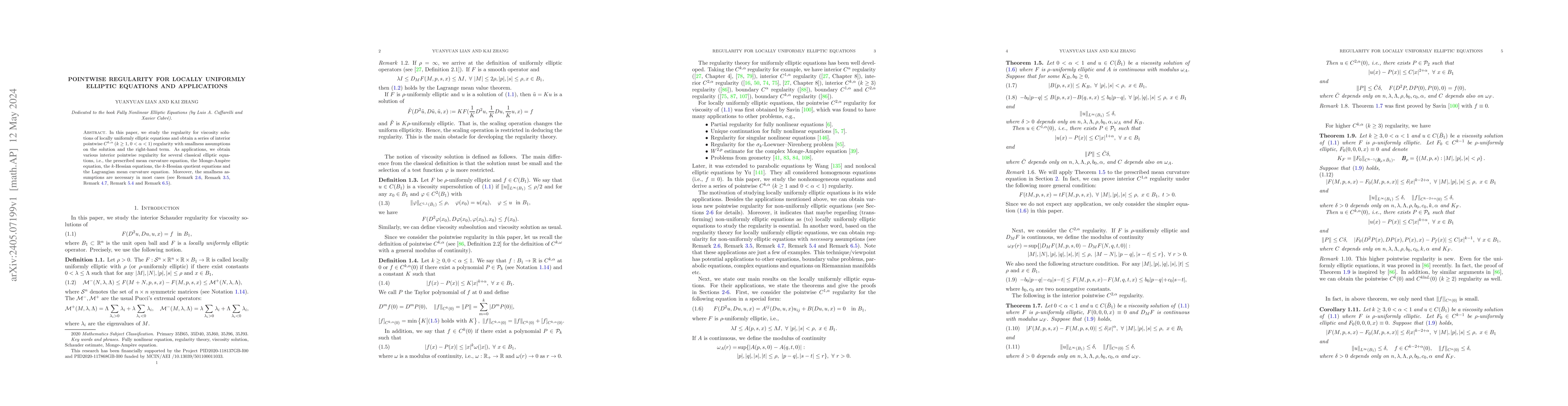 Thumbnail for Pointwise regularity for locally uniformly elliptic equations and
  applications