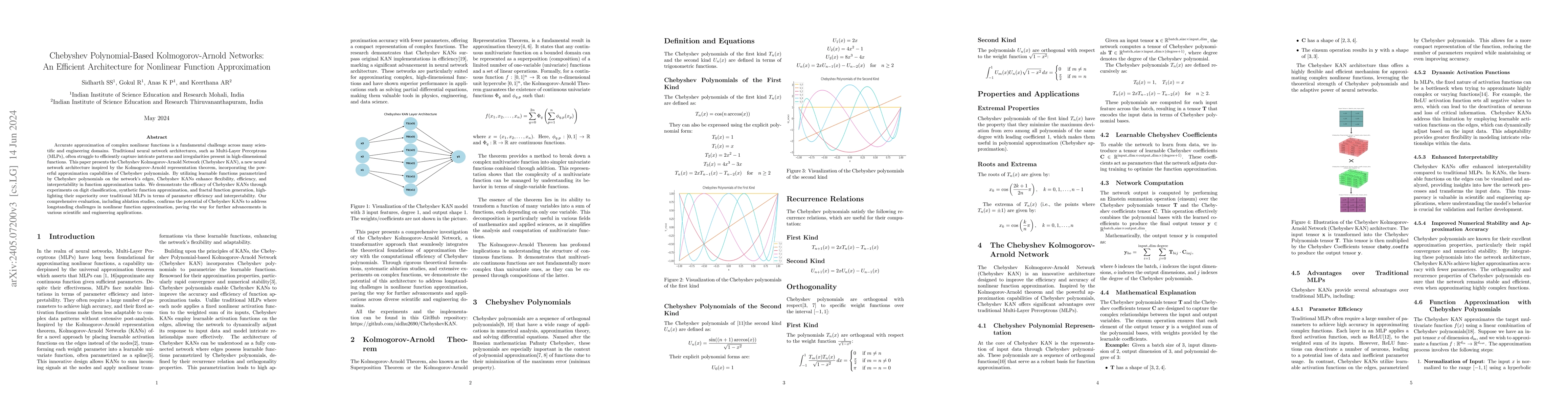 Thumbnail for Chebyshev Polynomial-Based Kolmogorov-Arnold Networks: An Efficient
  Architecture for Nonlinear Function Approximation