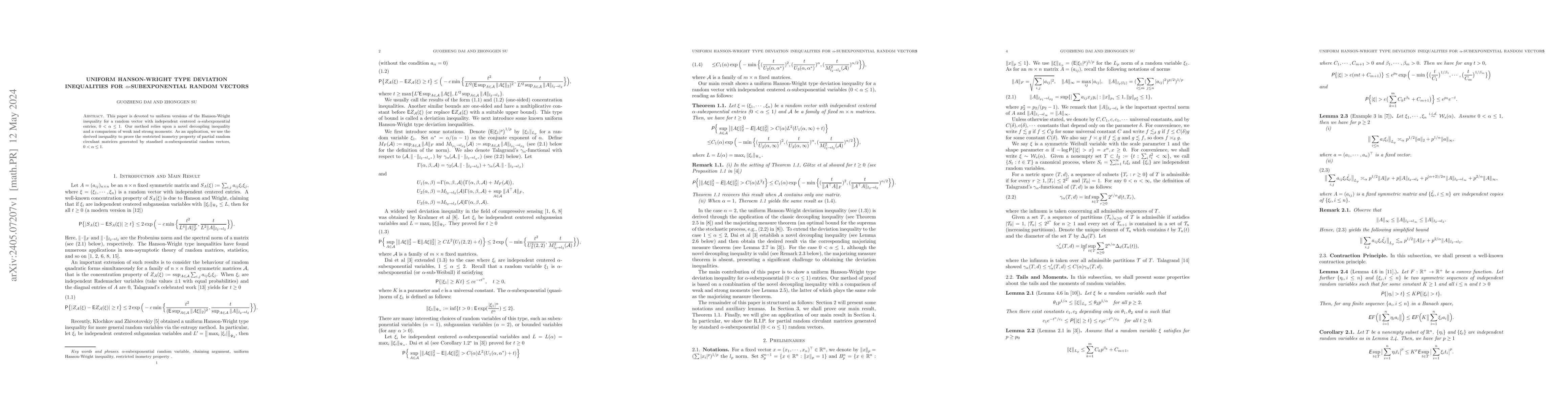 Thumbnail for Uniform Hanson-Wright Type Deviation Inequalities for
  $\alpha$-Subexponential Random Vectors