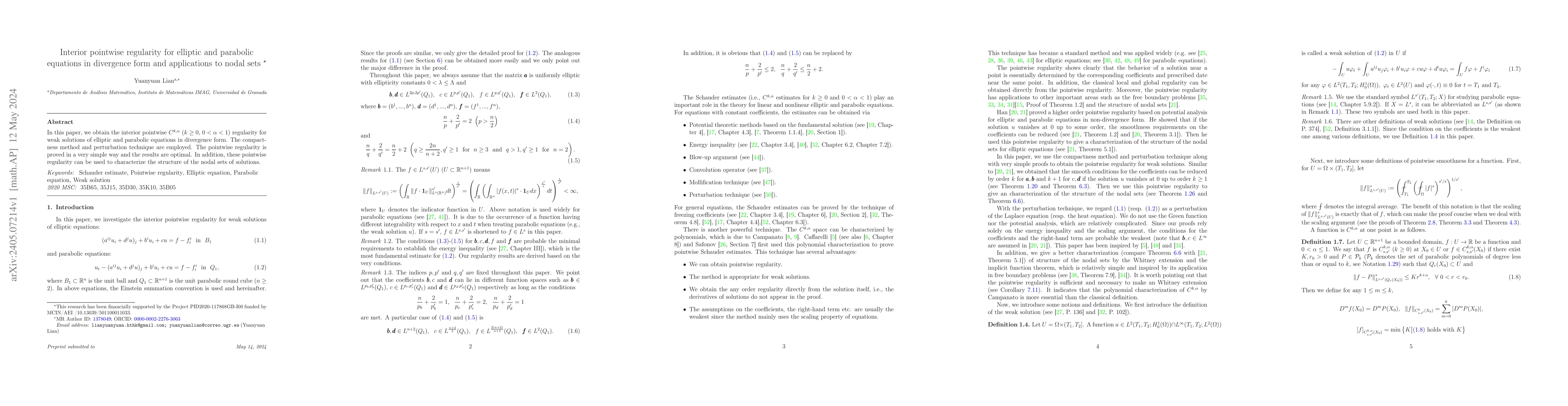 Thumbnail for Interior pointwise regularity for elliptic and parabolic equations in
  divergence form and applications to nodal sets