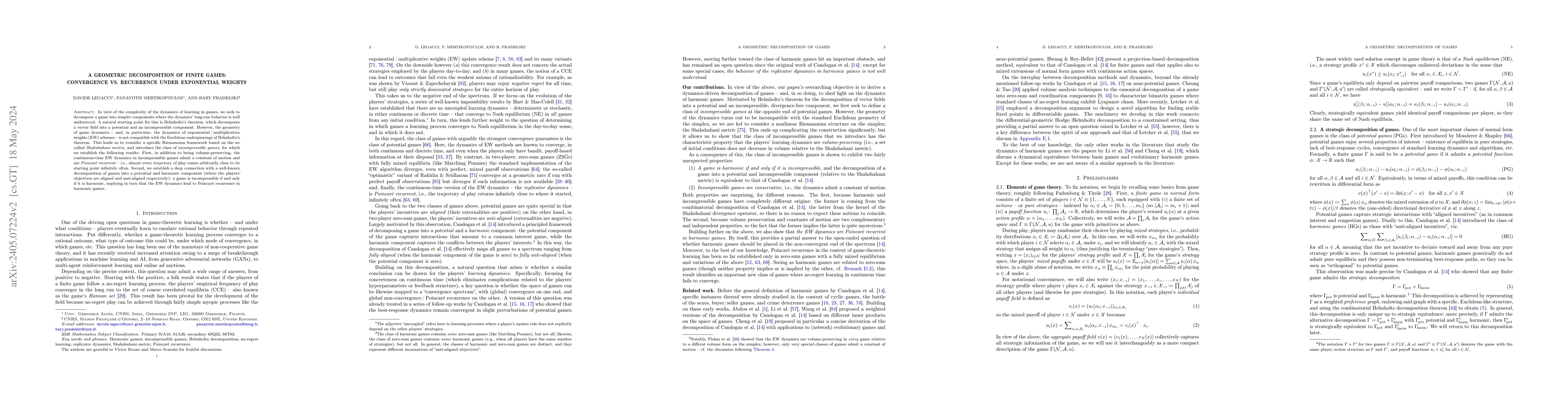 Thumbnail for A geometric decomposition of finite games: Convergence vs. recurrence
  under exponential weights