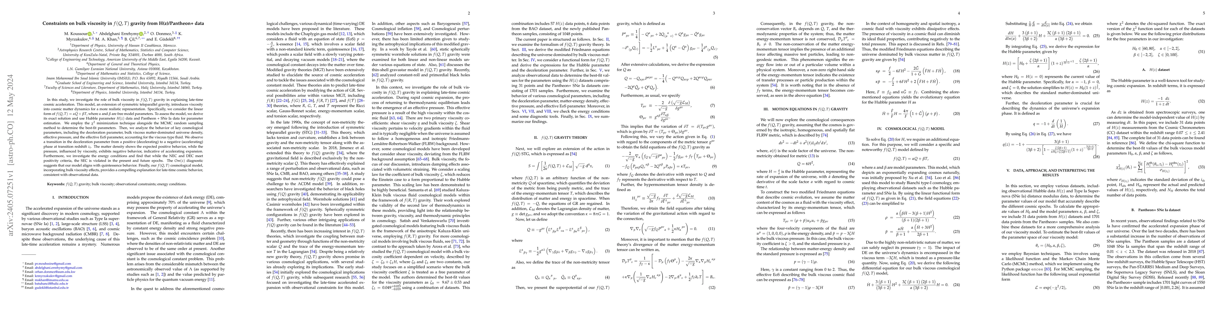 Thumbnail for Constraints on bulk viscosity in $f(Q,T)$ gravity from H(z)/Pantheon+
  data
