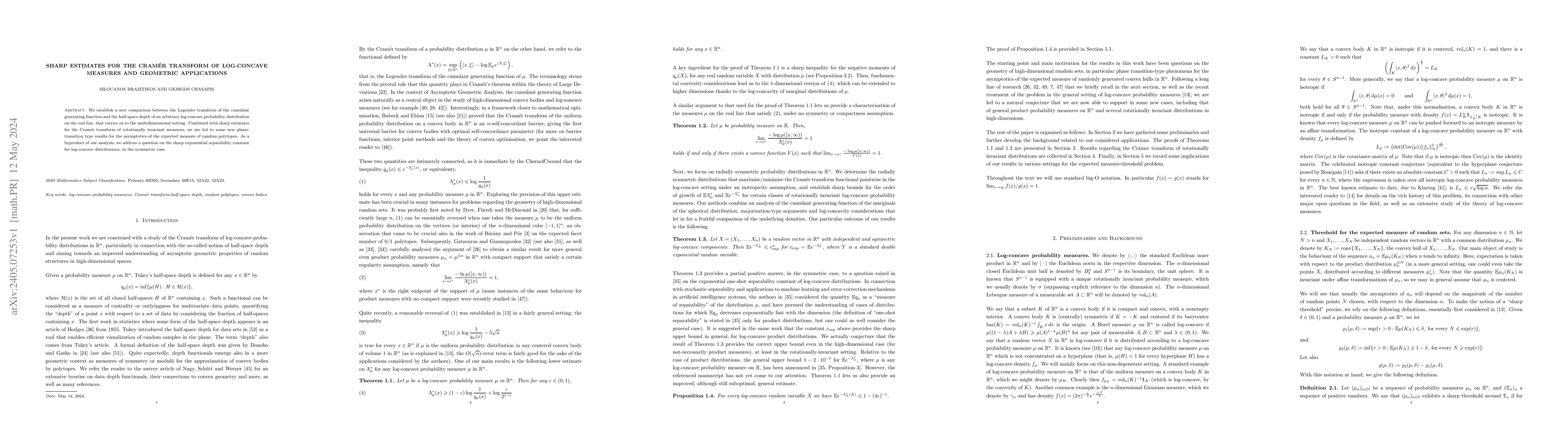 Thumbnail for Sharp estimates for the Cram\'{e}r transform of log-concave measures and
  geometric applications