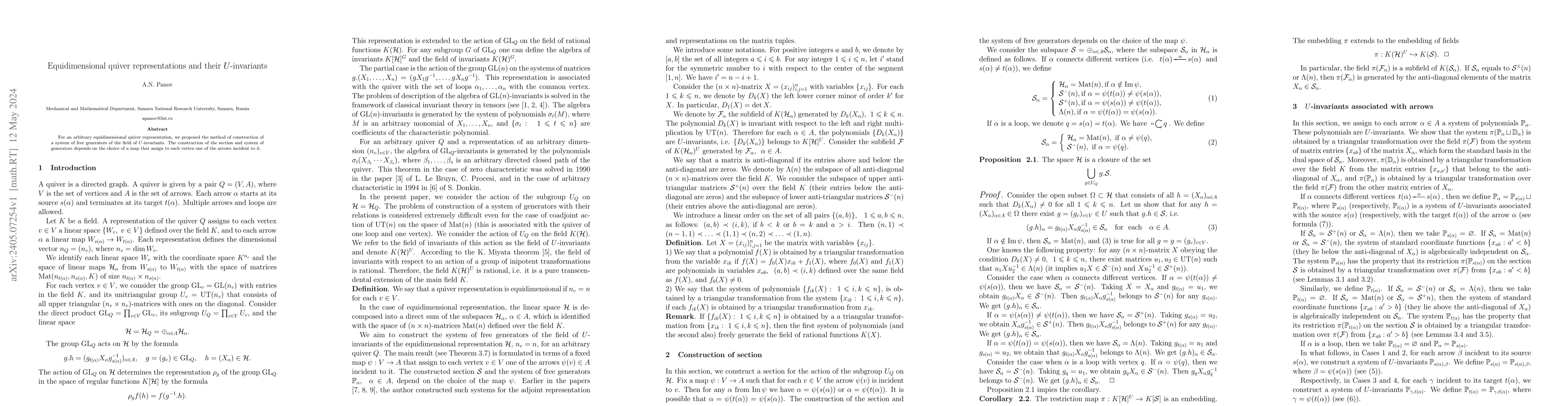 Thumbnail for Equidimensional quiver representations and their $U$-invariants