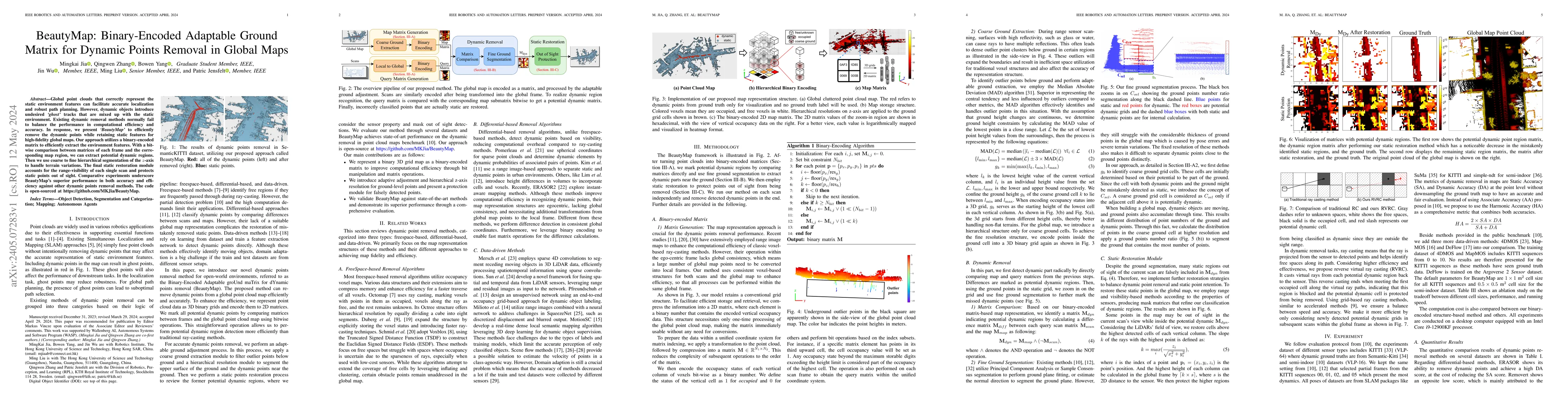Thumbnail for BeautyMap: Binary-Encoded Adaptable Ground Matrix for Dynamic Points
  Removal in Global Maps