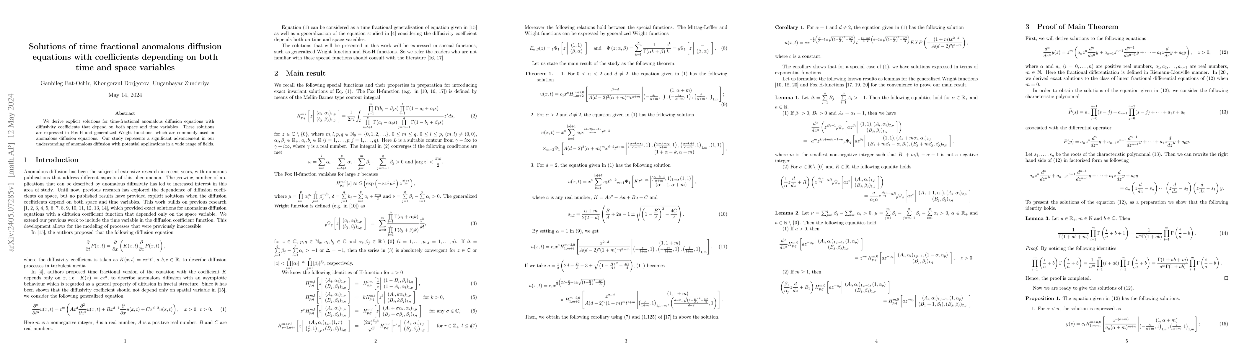 Thumbnail for Solutions of time fractional anomalous diffusion equations with
  coefficients depending on both time and space variables