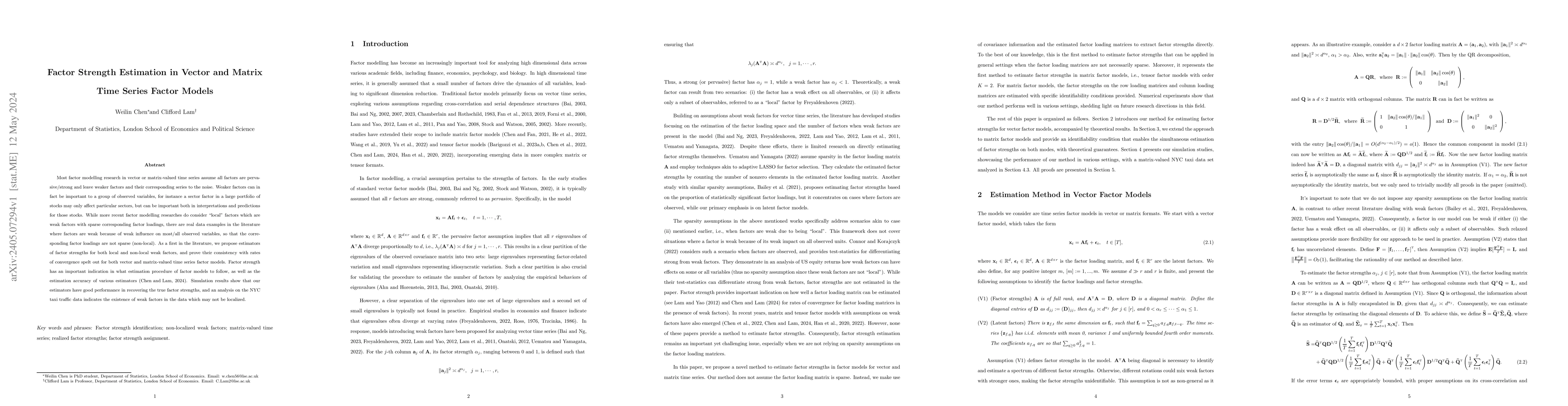 Thumbnail for Factor Strength Estimation in Vector and Matrix Time Series Factor
  Models