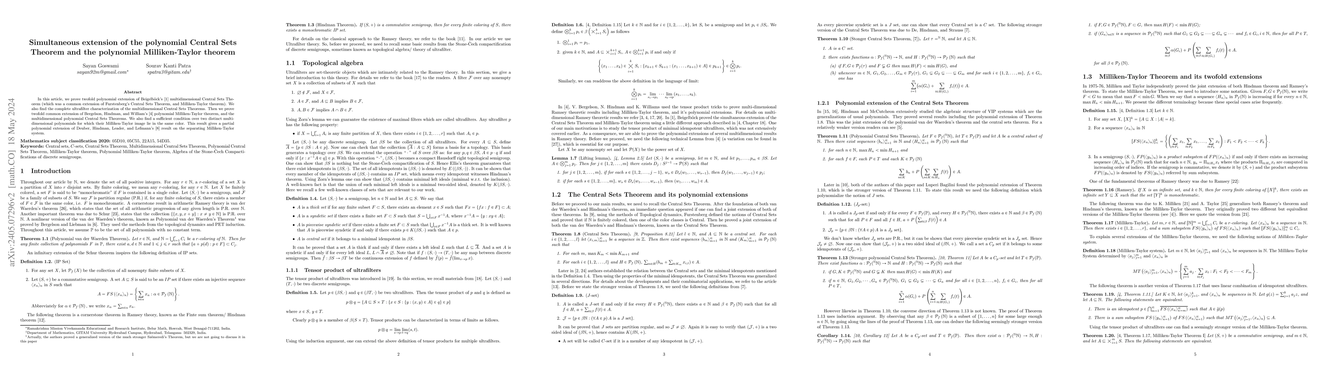 Thumbnail for Simultaneous extension of the polynomial Central Sets Theorem and the
  polynomial Milliken-Taylor theorem